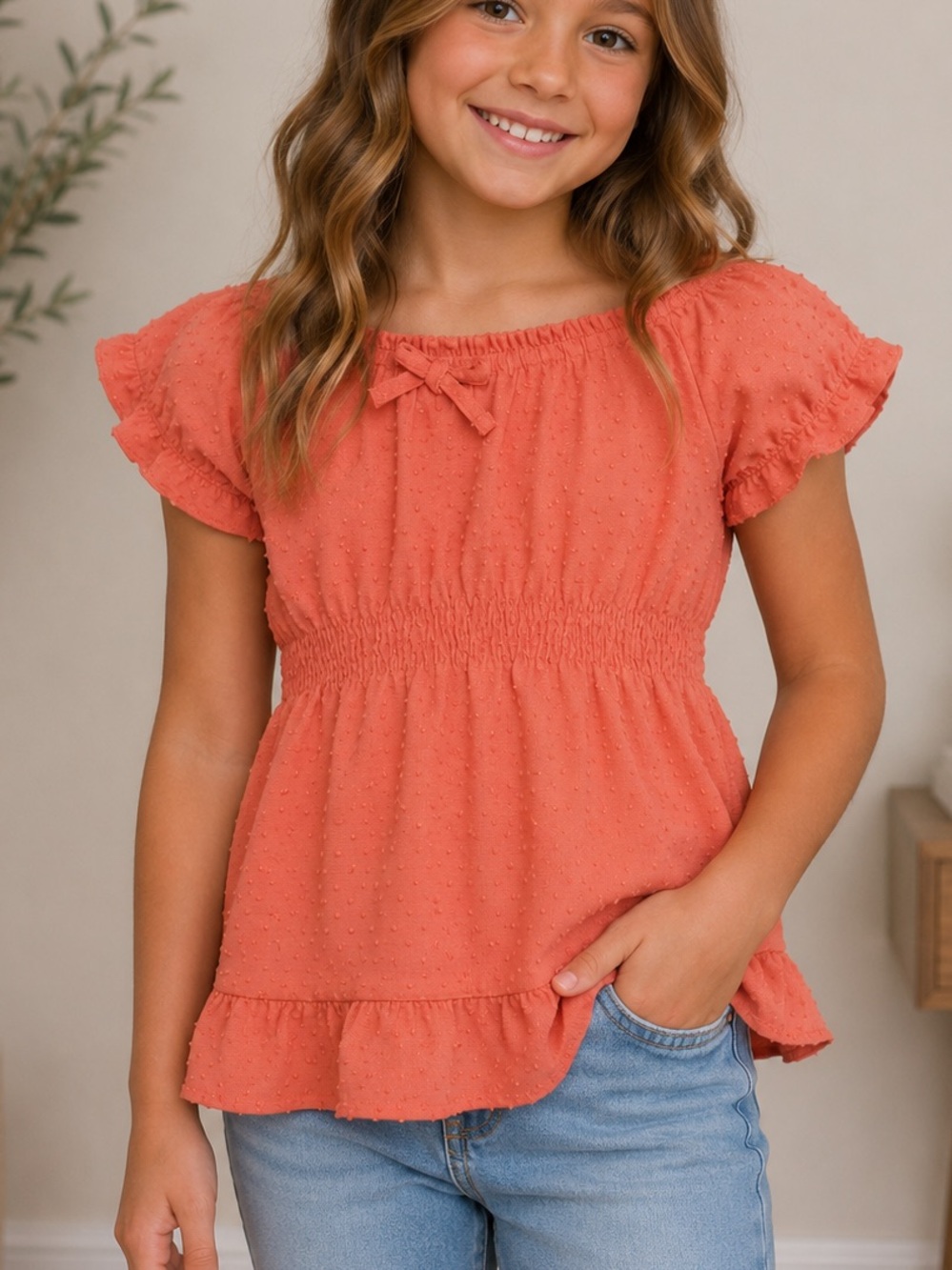 Real Love Girls' Coral Orange Smocked Waist Peplum Top with Bow Detail